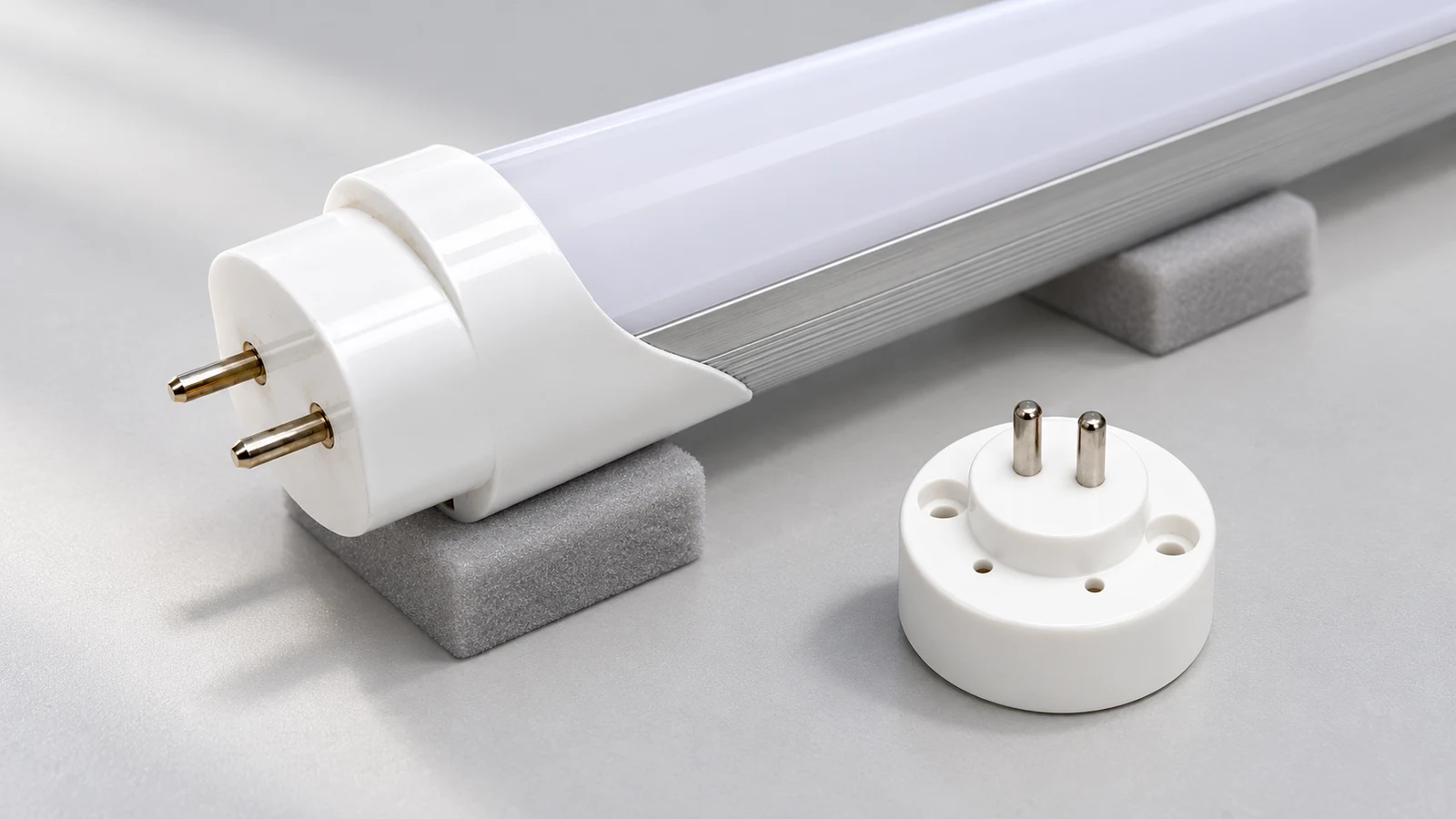 An unpowered G13 lamp and a separate closely spaced bi-pin end component on a supported surface