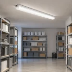 A completed linear-light fitting above an unobstructed commercial storage aisle