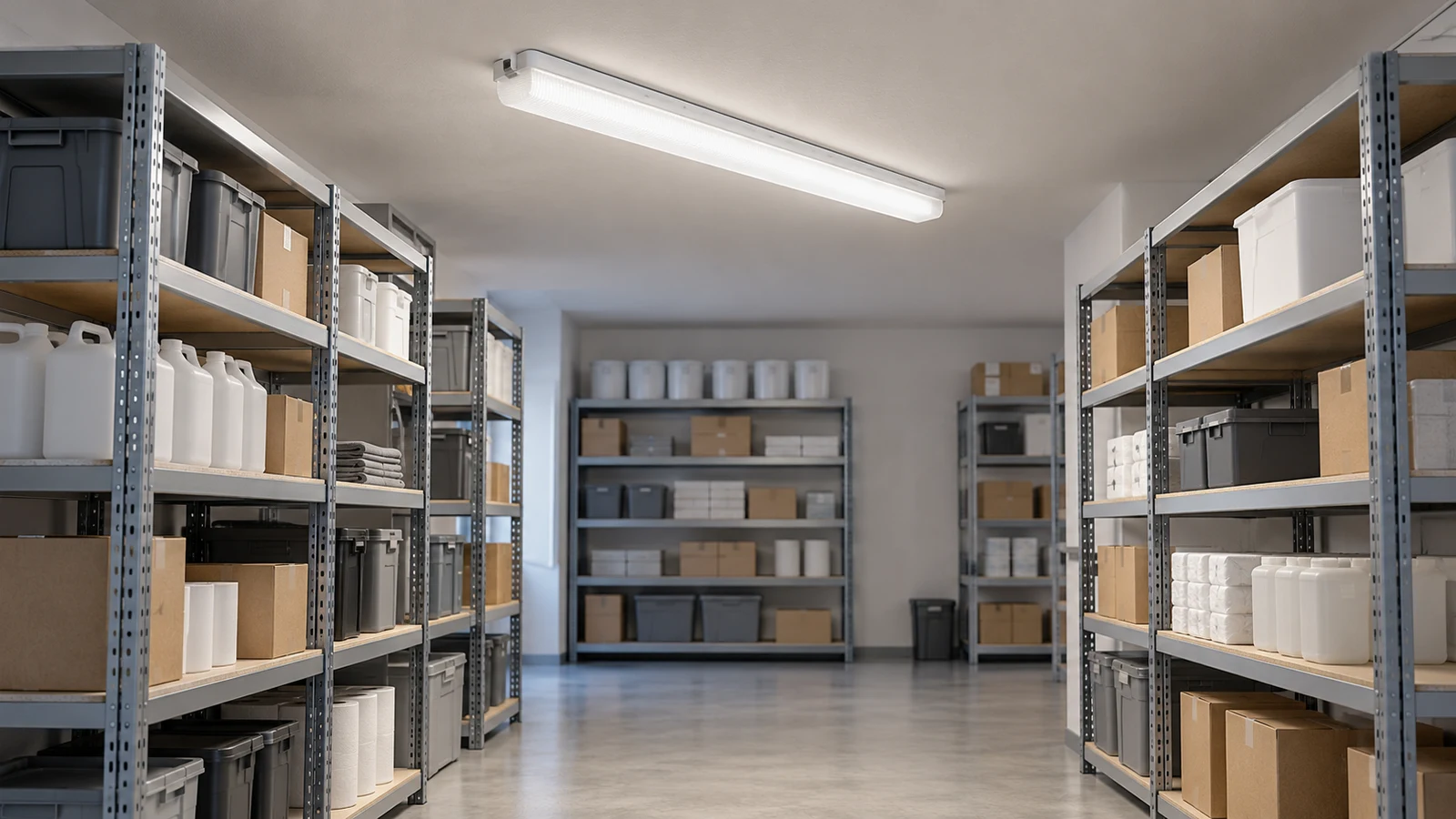 A completed linear-light fitting above an unobstructed commercial storage aisle