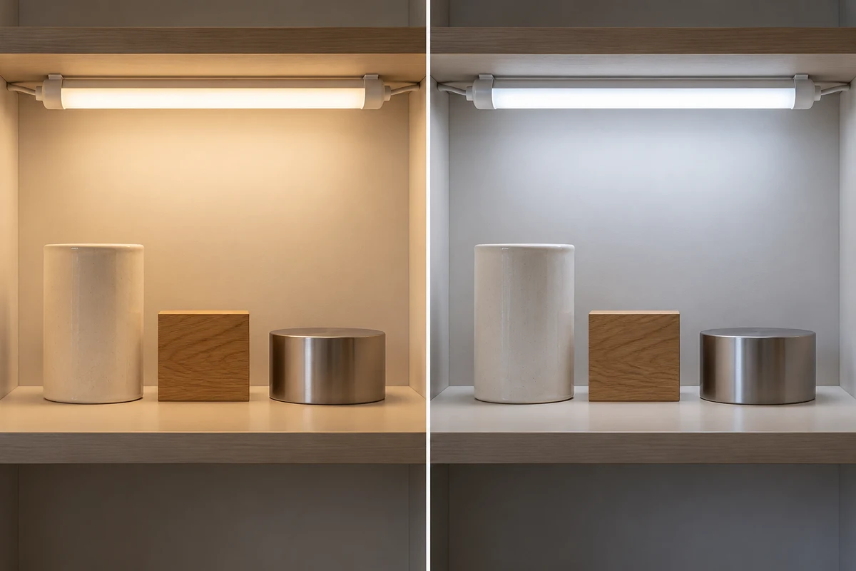 A display alcove illustrated with warmer-looking and cooler-looking white illumination