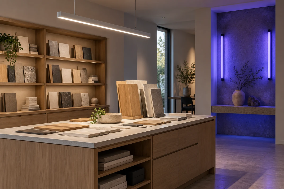 A white-lit retail sample area and a separate colored accent niche with distinct light sources