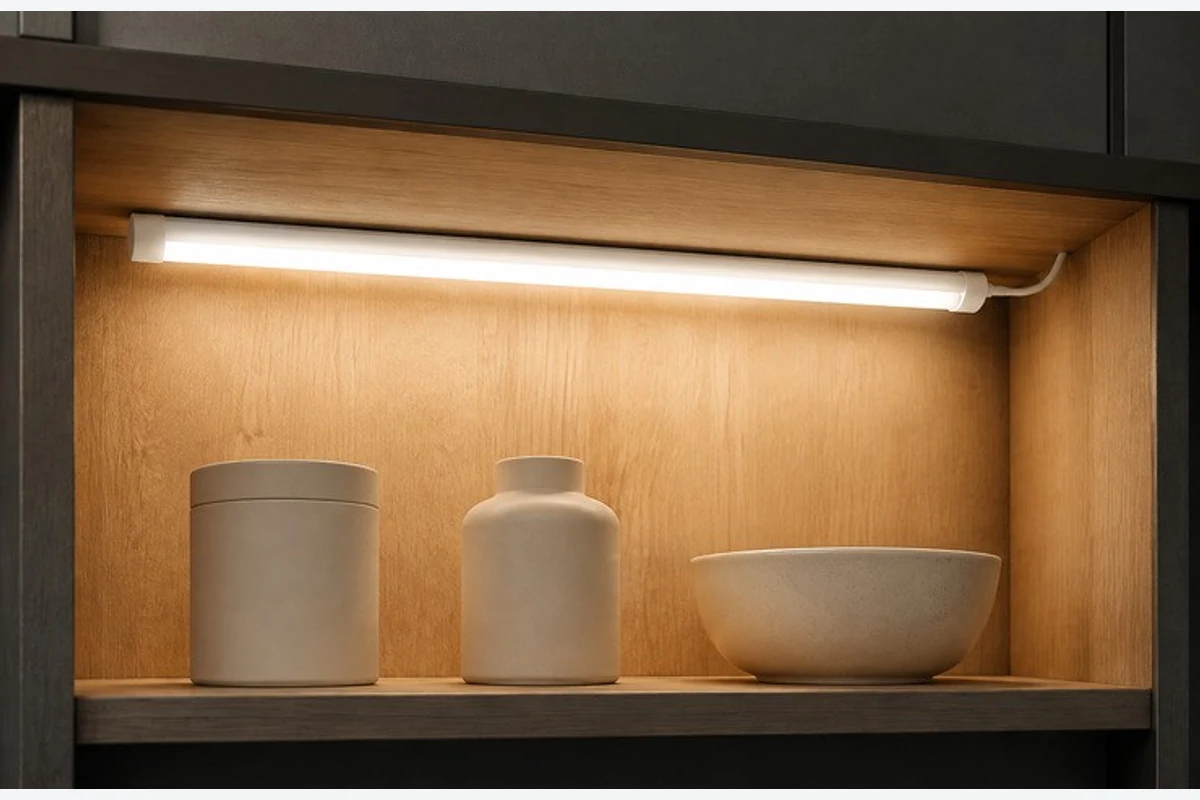 A completed tubular task light integrated beneath a shelf above the intended illuminated objects