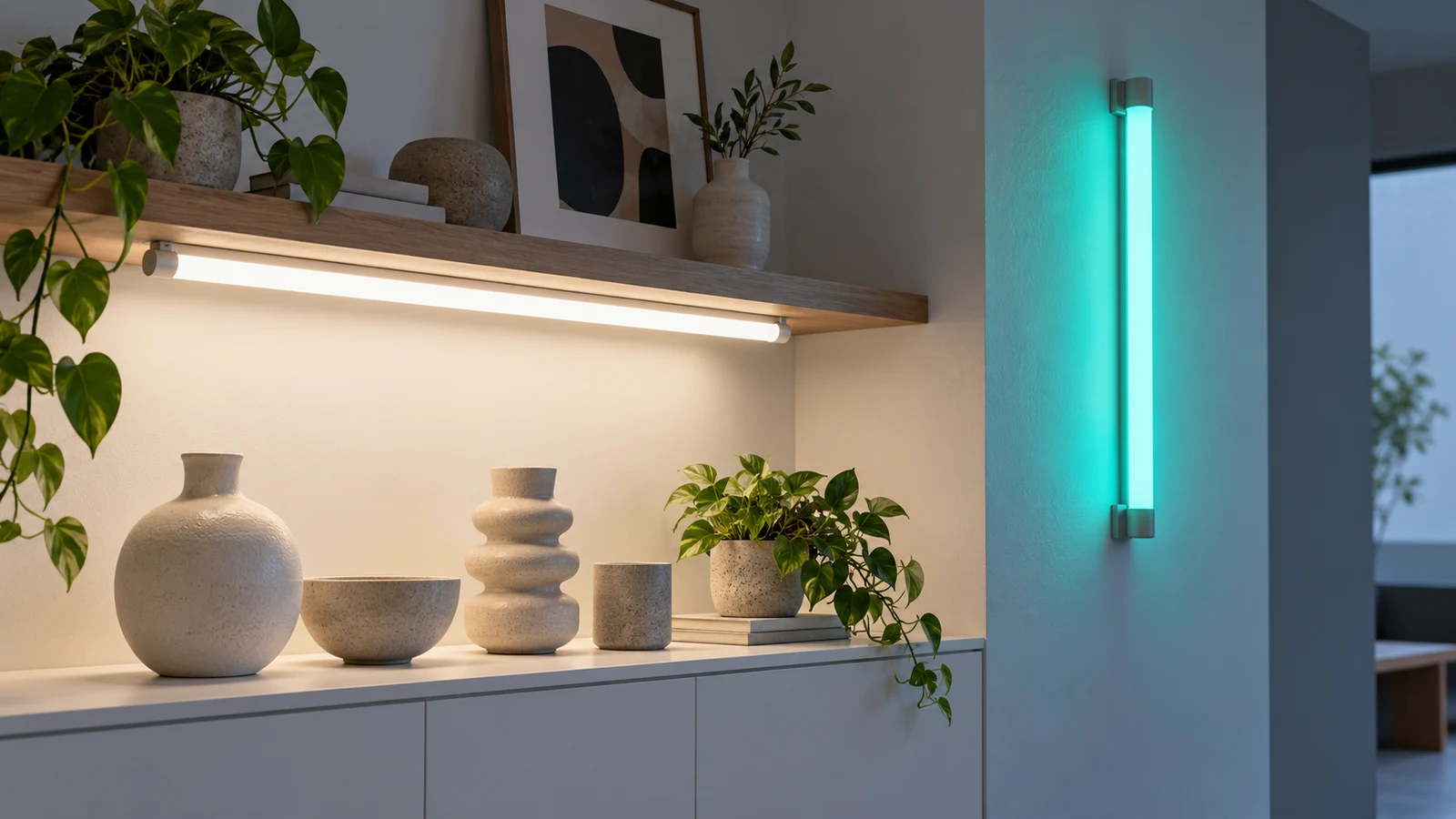Separate white task lighting and a colored tubular accent in a commercial interior