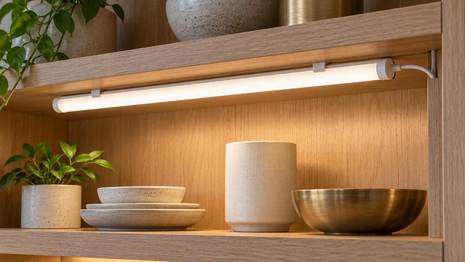 A closed tubular light retained beneath a shelf in a finished display cabinet
