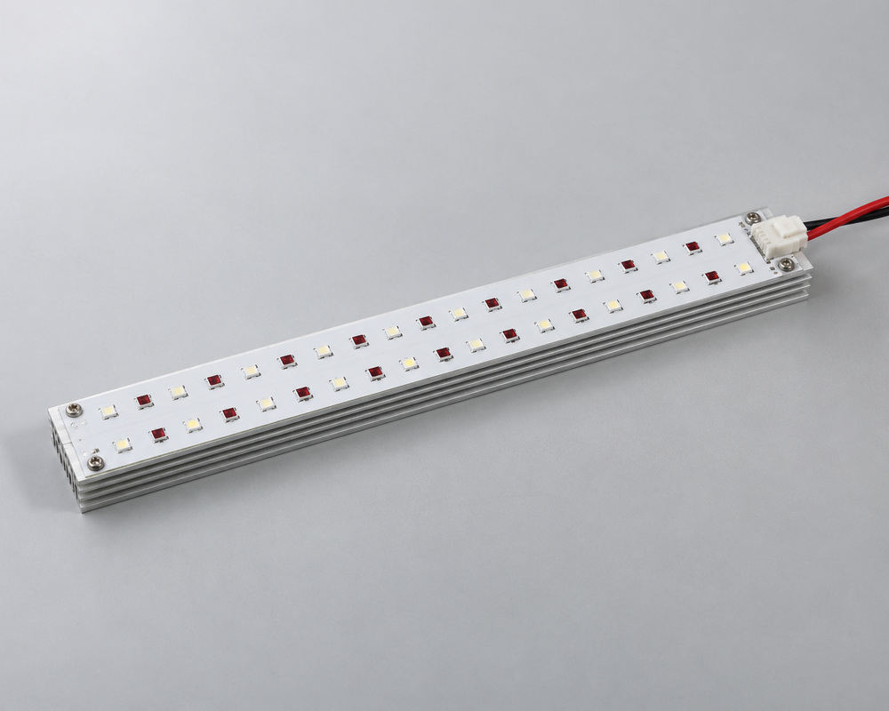 Horticulture LED module concept with a two-row LED board, heat sink, and end connector