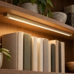 LED bookcase lighting concept beneath a wooden shelf, illuminating book spines