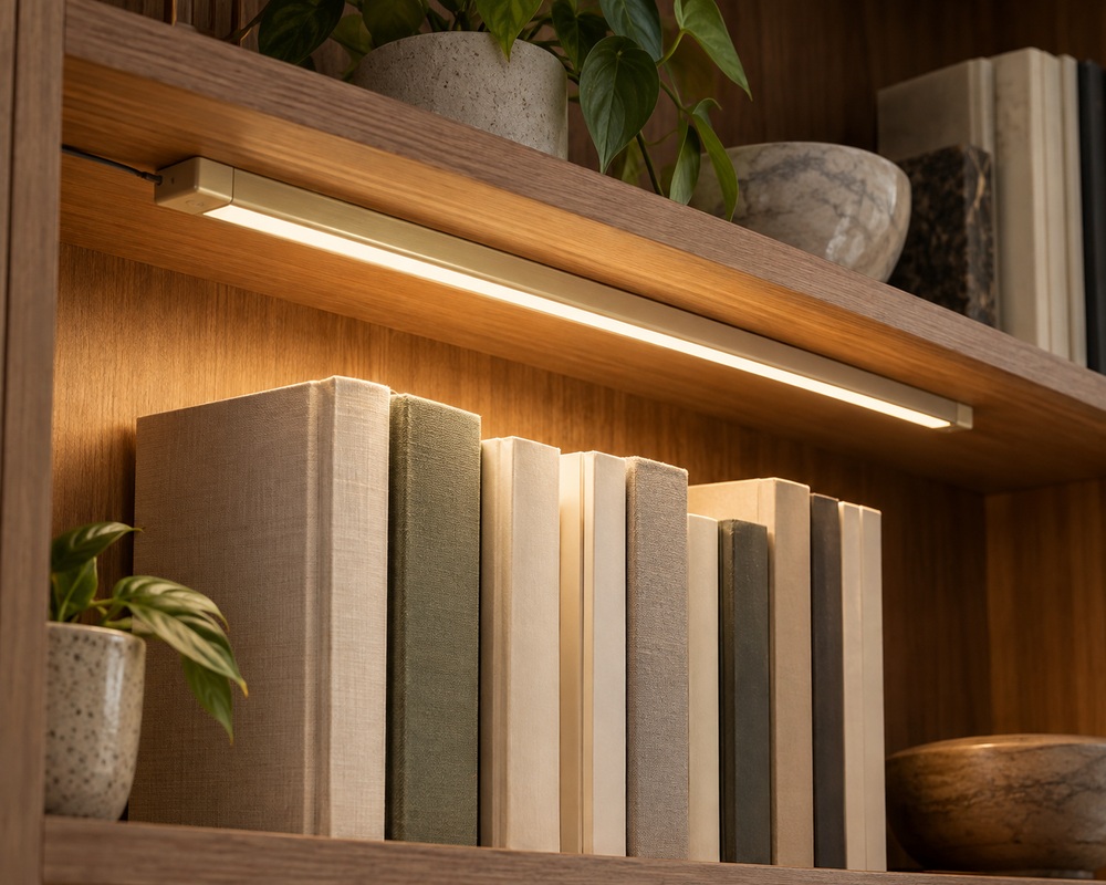 LED bookcase lighting concept beneath a wooden shelf, illuminating book spines