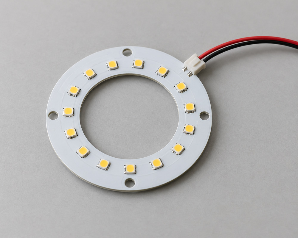 LED ring PCB concept with an open center, circular LED layout, fixing holes and a red-and-black lead