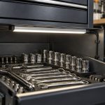 Tool box lights concept mounted above an open steel tool-chest drawer