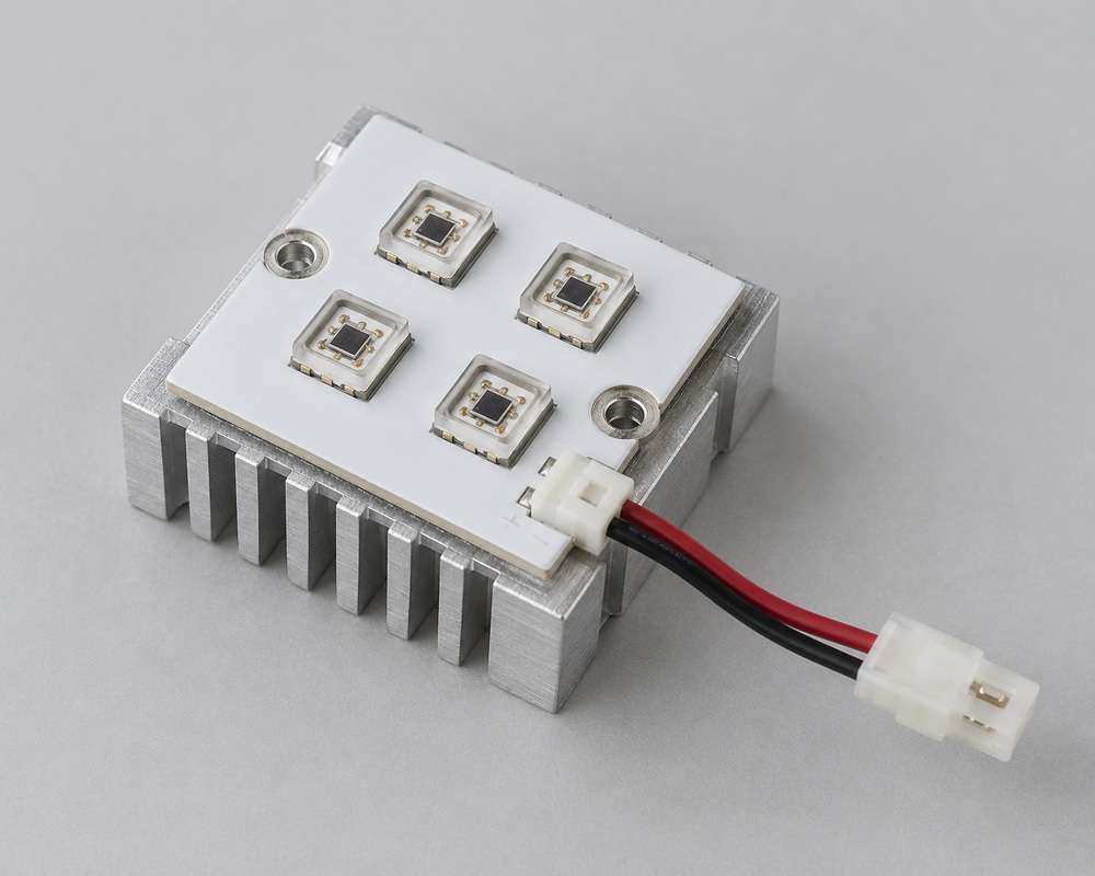 UVC LED module concept showing four emitter packages on a square heat sink with a protected lead